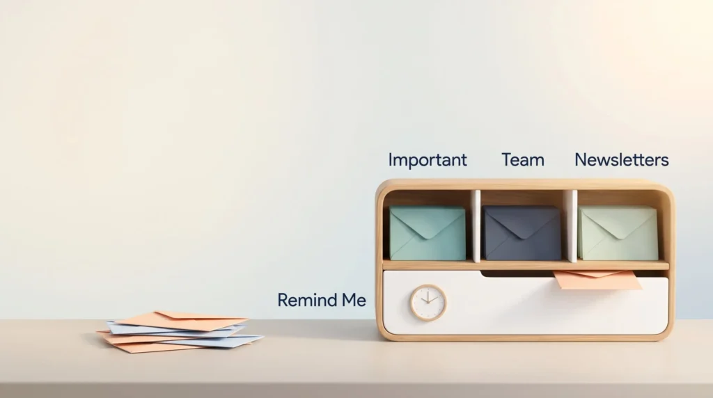 Split Inbox and Remind Me Sorting Superhuman Mail Split Inbox shown as a sorting shelf for Important, Team and Newsletters, with a Remind Me drawer returning a message.