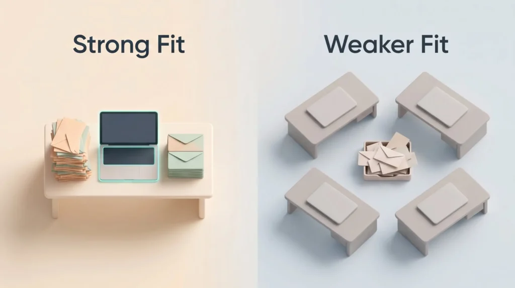 Solo Inbox vs Shared Team Inbox Strong fit versus weaker fit: one desk clearing a heavy personal inbox, compared with team desks around a shared mail tray.