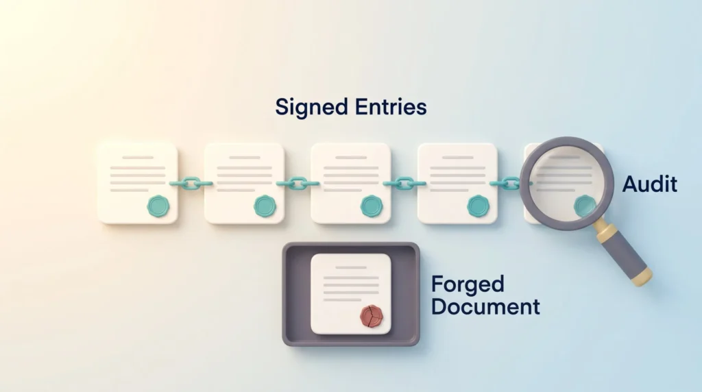 Signed Records and Forged Document Supply chain blockchain records linked as signed entries under audit with a magnifying glass, while a forged document is set aside
