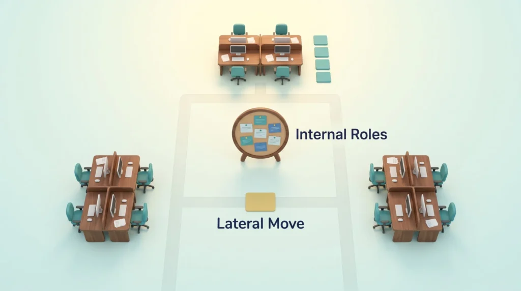Office floor plan with an internal roles board between team desks and a role card making a lateral move, illustrating internal mobility.