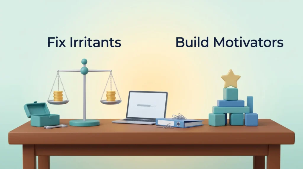 Workbench with a pay scale, slow laptop and clipped policy binder as irritants to fix first, then building blocks with a star as motivators.