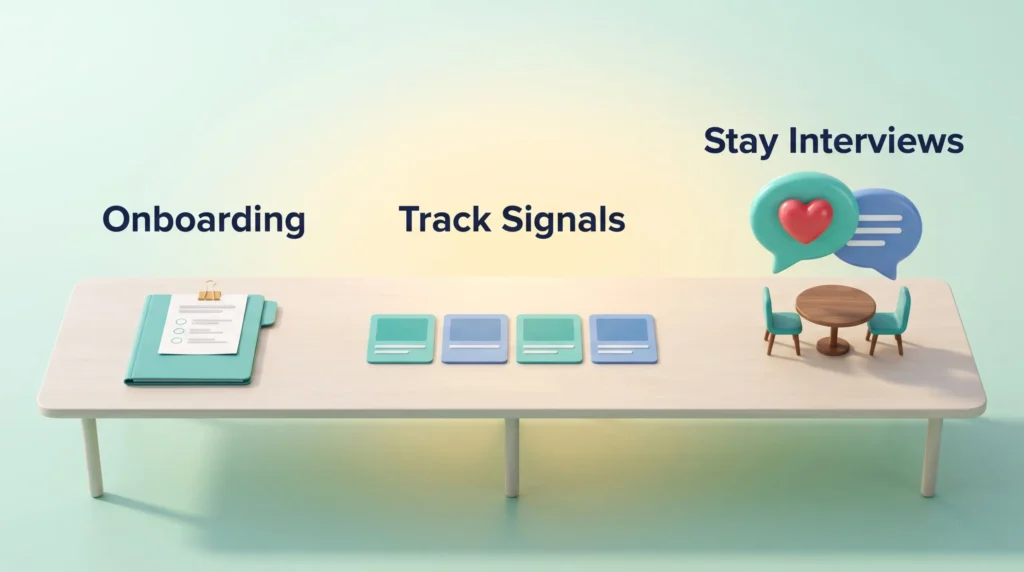 Process from onboarding folder to tracked signal cards to a stay interview table with a heart speech bubble, making retention metrics routine.