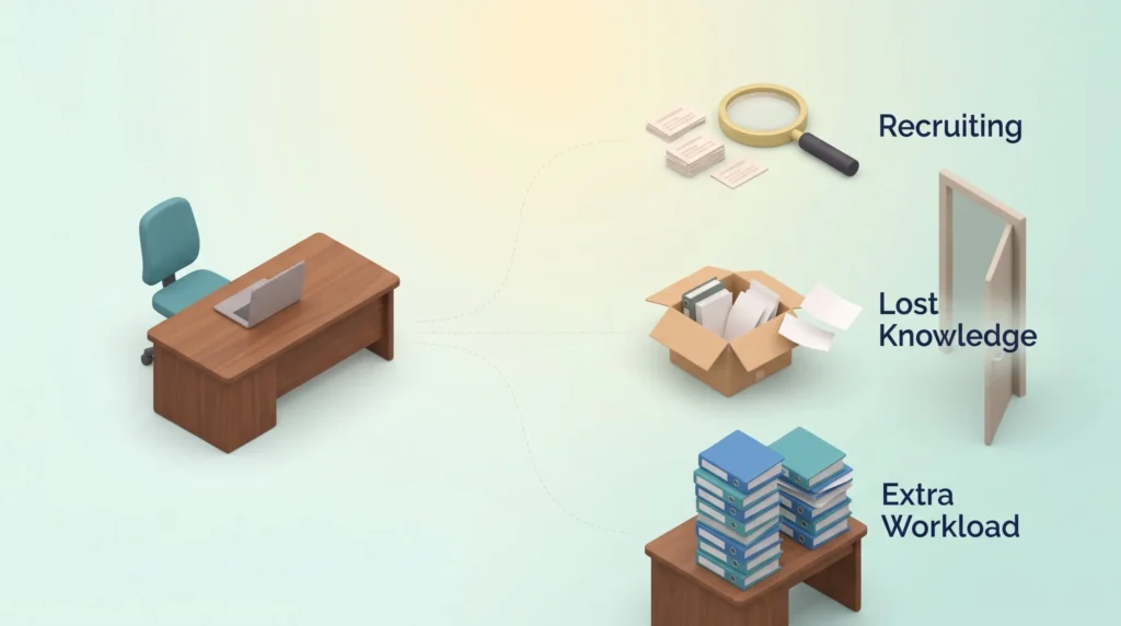 Empty desk branching into recruiting, lost knowledge and extra workload, the visible and hidden costs talent retention strategies aim to avoid.