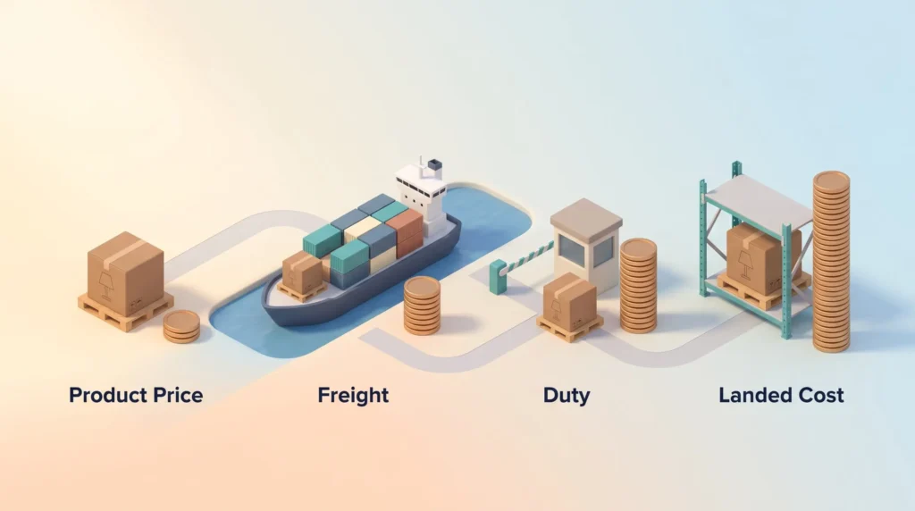 Landed Cost Breakdown Landed cost builds up as a lamp moves from product price through freight and duty to the warehouse, with a coin stack growing at each step.