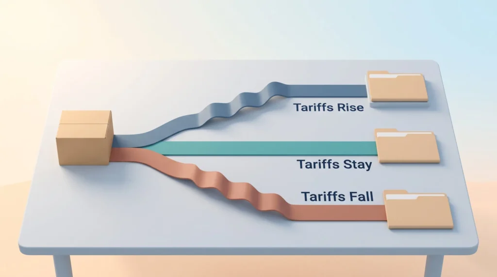 Tariff Scenario Planning Tariff mitigation planning with three scenarios, tariffs stay, rise or fall, each leading from one product to a prepared plan folder.