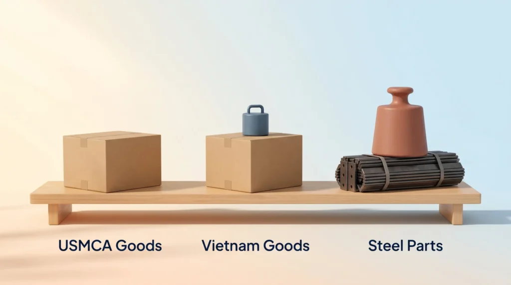 Uneven Tariff Impact by Product Tariff strategy illustration: USMCA goods carry no extra weight, Vietnam goods a small duty weight and steel parts a heavy one.