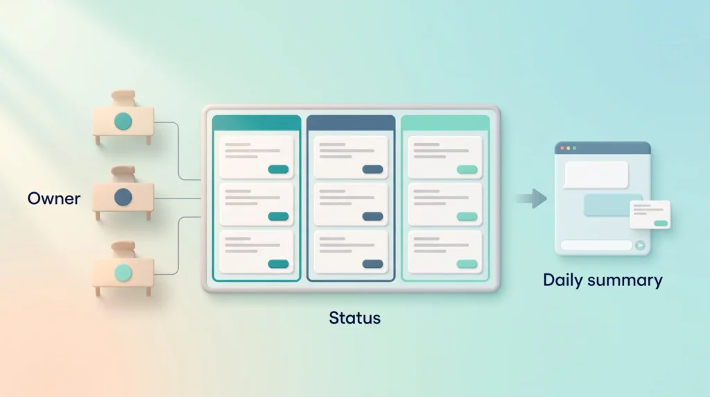 Shared team dashboard with an owner desk for each section, matching status chips on every card and a daily summary sent to the team chat.