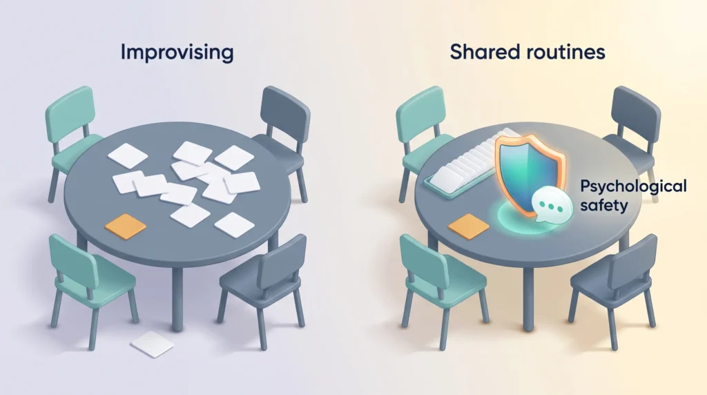 Team resilience comparison: one team improvises with scattered tasks, the other relies on shared routines and psychological safety.
