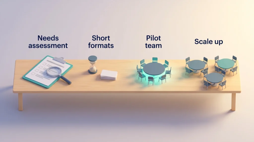Team resilience training program design path from a needs assessment and short formats to one pilot team and then scaling up to more teams.