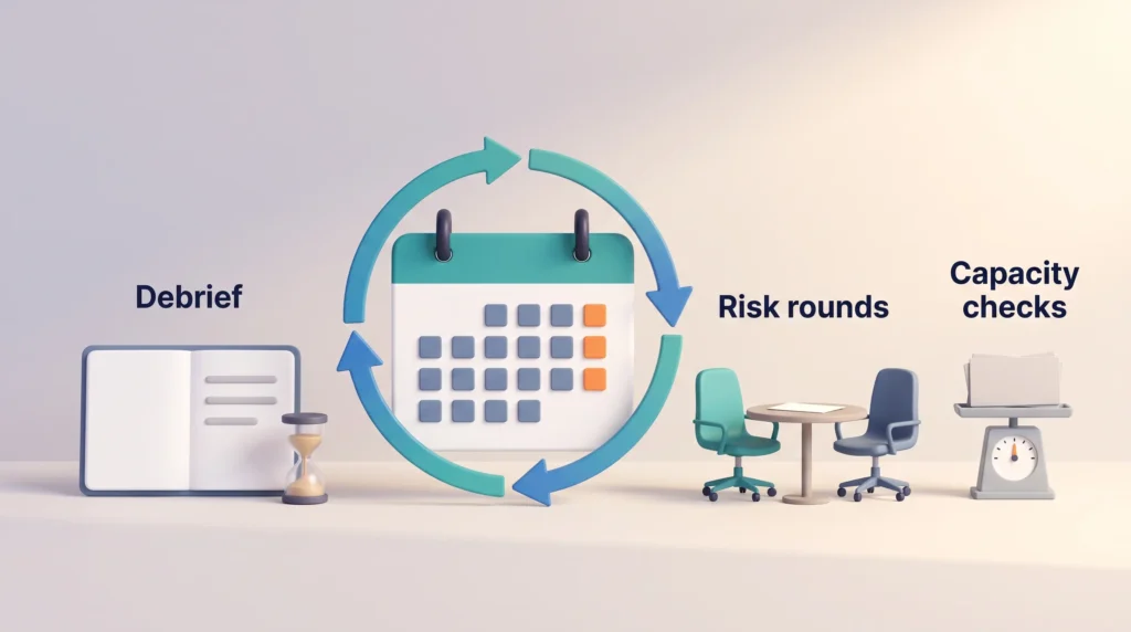 Resilient teams keep skills alive with recurring routines: a short debrief, risk rounds with paired colleagues and regular capacity checks.