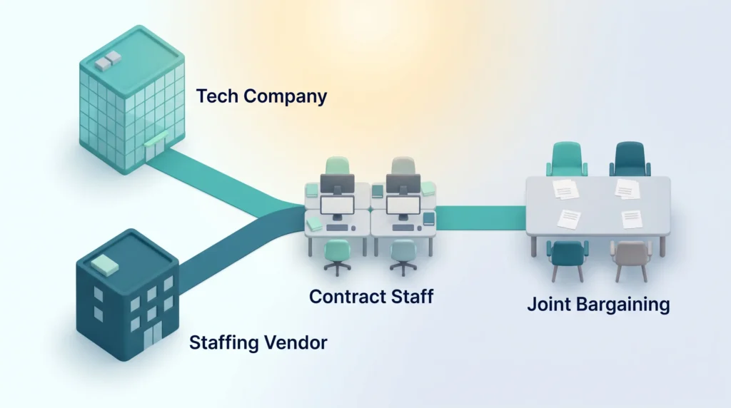 Joint employer setup where a tech company and a staffing vendor both control the same contract staff and meet them for joint bargaining.