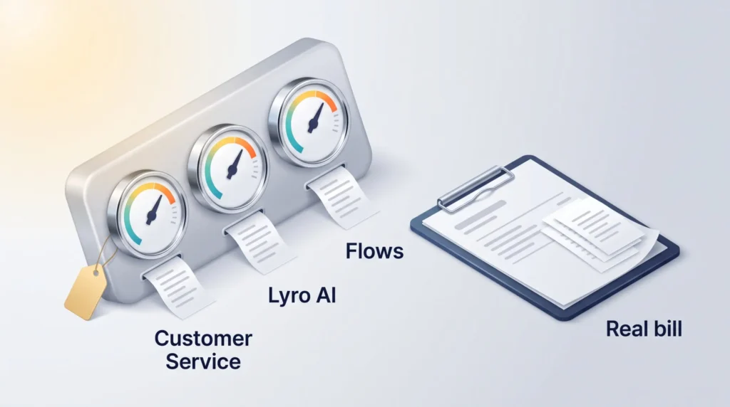 Tidio pricing explained: the Customer Service, Lyro AI and Flows meters each add a charge to one real bill.