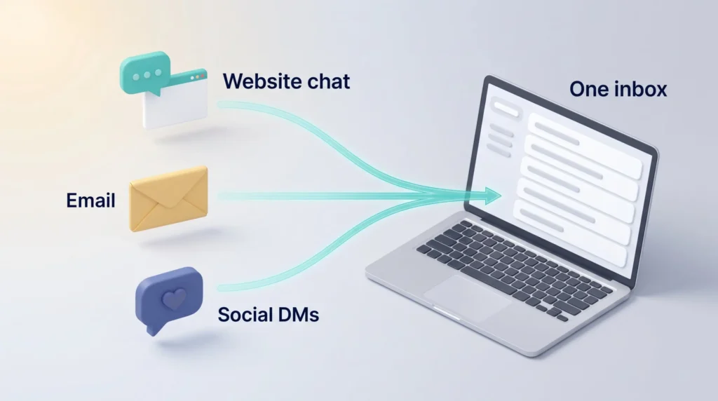 Tidio review illustration: website chat, email and social DMs flowing into one unified inbox on a laptop.