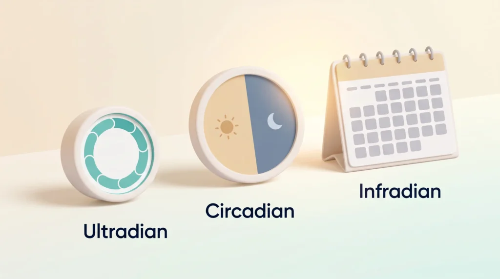 Ultradian Circadian and Infradian Rhythms Ultradian rhythm compared with circadian and infradian rhythms: a short cycle timer, a day and night dial and a monthly calendar