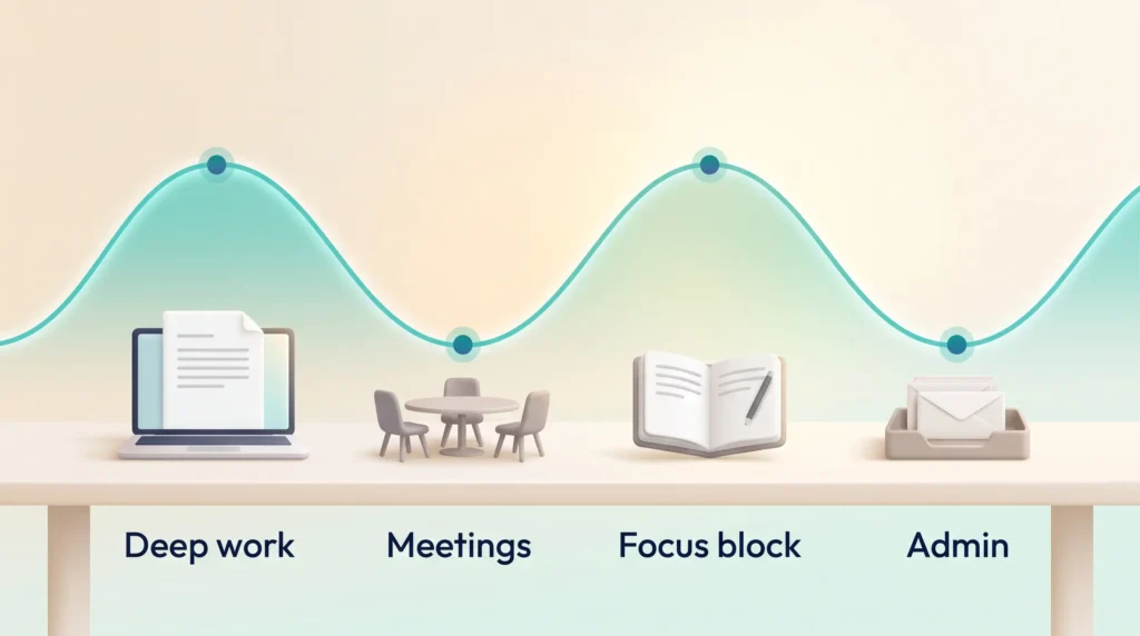 Scheduling Deep Work Around Alertness Peaks Deep work schedule along an alertness wave: deep work and a focus block at the peaks, meetings and admin in the dips