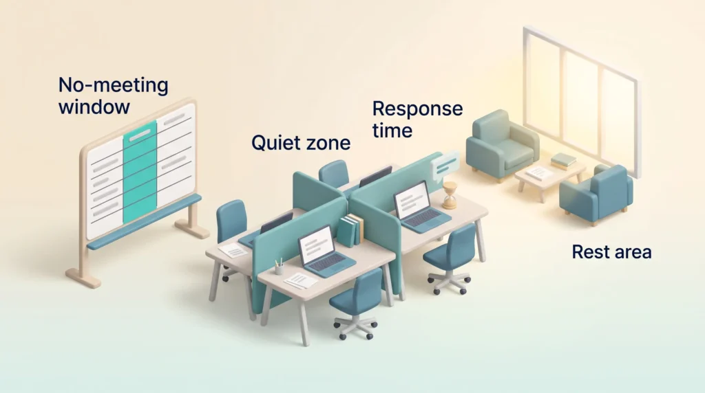 Team Focus Blocks and Quiet Zones Focus blocks in a team: a planner with a shared no-meeting window, a quiet zone with an agreed response time and a separate rest area