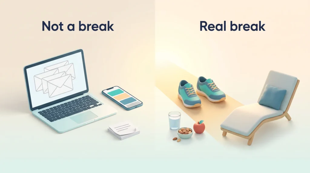 Real Work Breaks Versus Busy Pauses A work break that detaches you compared with inbox, small tasks and scrolling: walking shoes on a sunlit path, water, nuts and a lounge chair