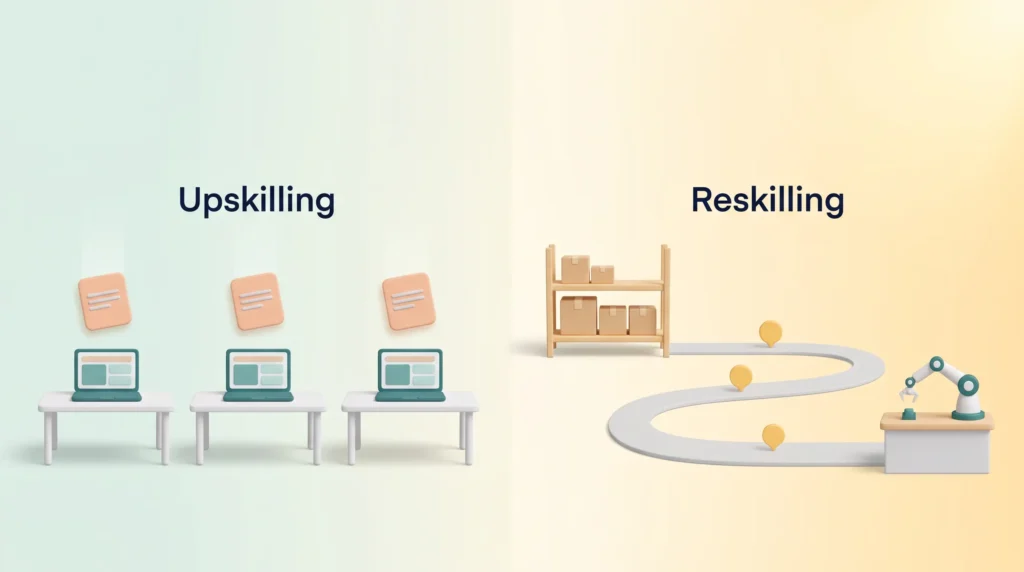 Upskilling and Reskilling Compared Upskilling and reskilling compared: three desks each receive a short module, while a long path leads from a warehouse shelf to a robotics workbench.