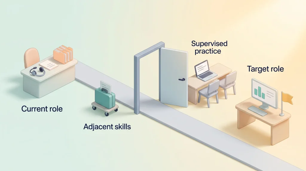 Reskilling Path to a Target Role Reskilling initiatives path from a current support role, carrying adjacent skills through an open door to supervised practice and a target data role.