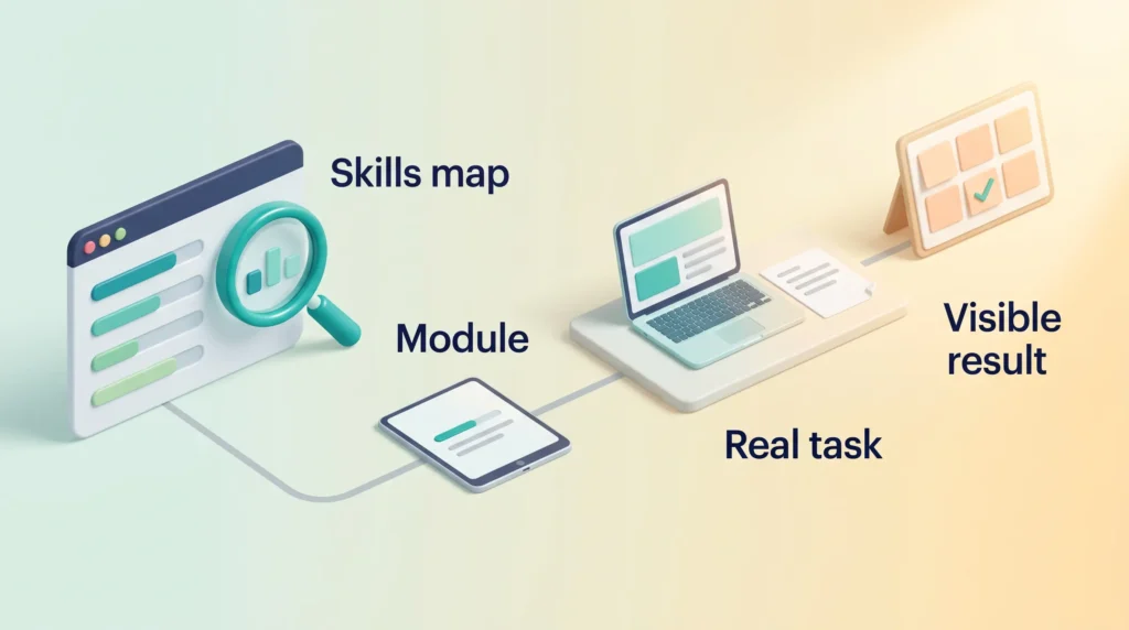 Skills Map to Visible Result Workflow Upskilling programs workflow from a skills map with magnifier to a short module, a real task at the laptop and a visible result on a project board.