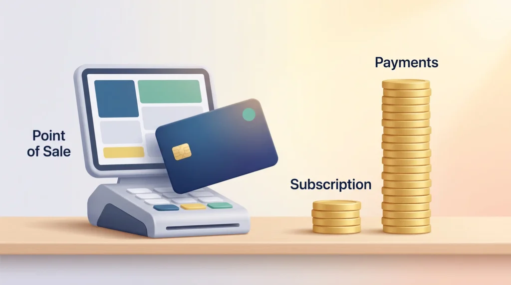 Payment card at a restaurant point of sale beside a short Subscription coin stack and a far taller Payments stack, the embedded fintech SaaS model.
