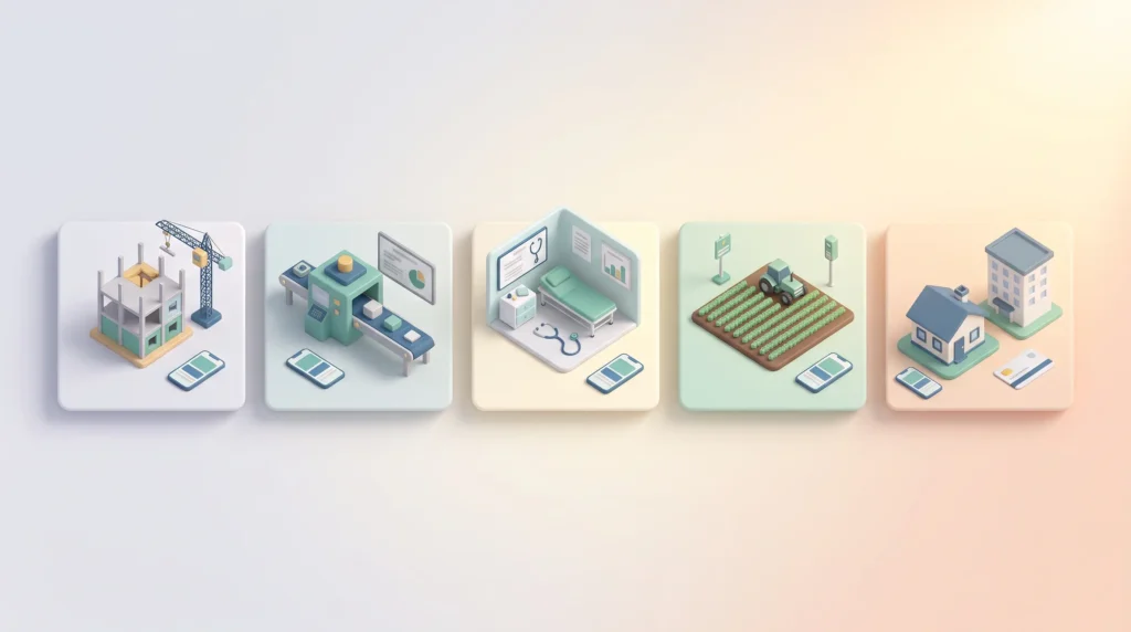 Industry-specific software sectors: tiles for construction, manufacturing, healthcare, agriculture and property, each with a phone for field staff.