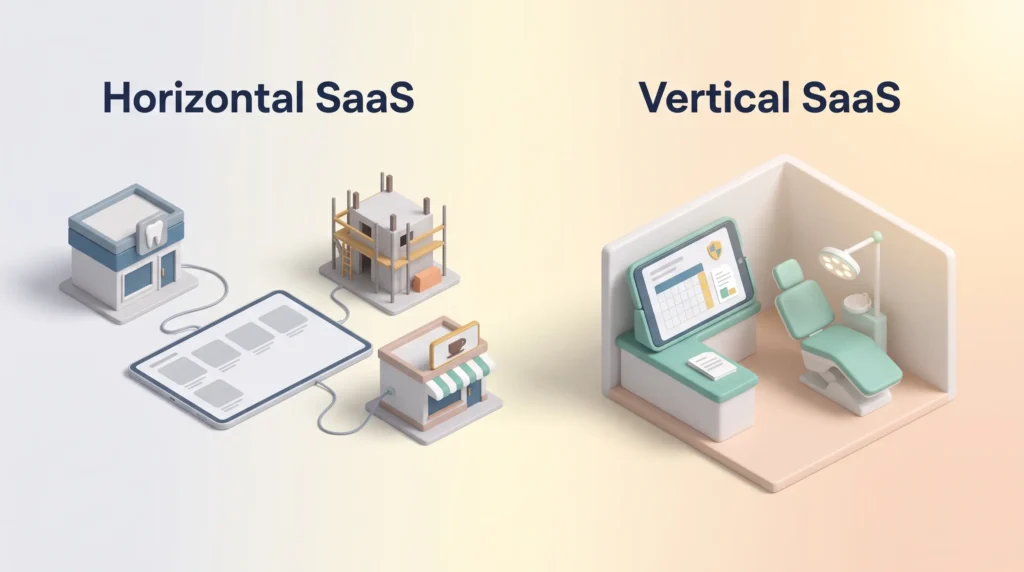 Vertical SaaS landscape basics: a generic tablet wired to a dental office, building site and café next to a fitted tablet beside a dental chair.