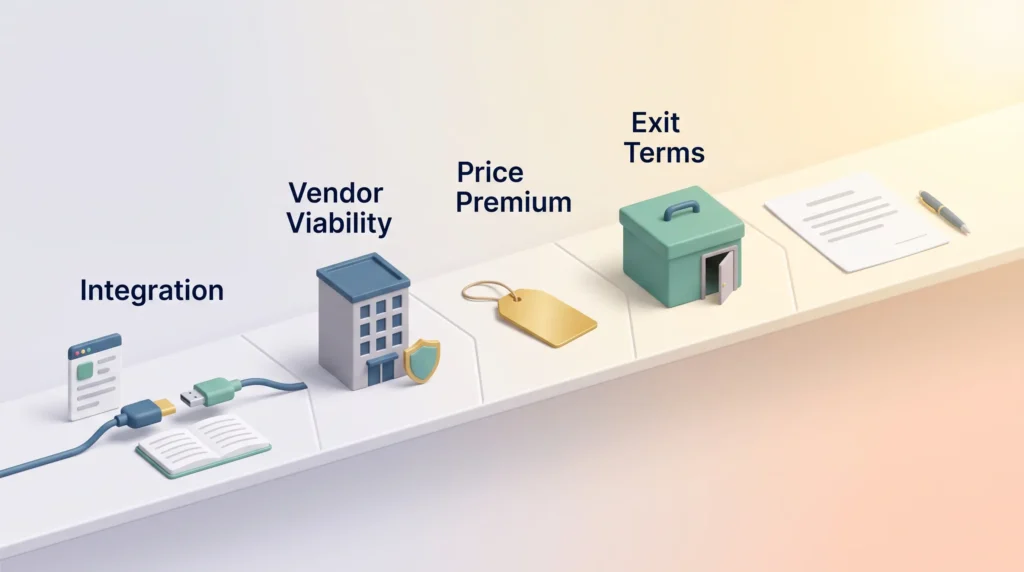 Four checkpoints on a desk, Integration, Vendor Viability, Price Premium and Exit Terms, lead to an unsigned vendor contract with a pen.