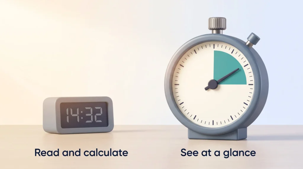 Visual timers compared: a digital clock showing 14:32 to read and calculate beside a disc timer whose teal segment shows remaining time at a glance.