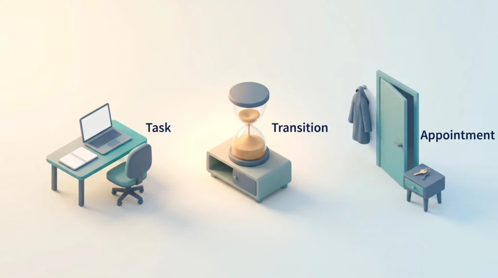 Time Blindness Transition Timer Time blindness workaround: a sand timer set for the transition between a desk task and the door to the next appointment, with coat and keys ready.