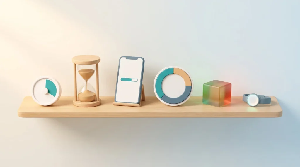 Types of Visual Timers on a Shelf Six types of visual timer side by side on a shelf: disc timer, sand timer, countdown app, interval timer, colour changing cube and wearable.