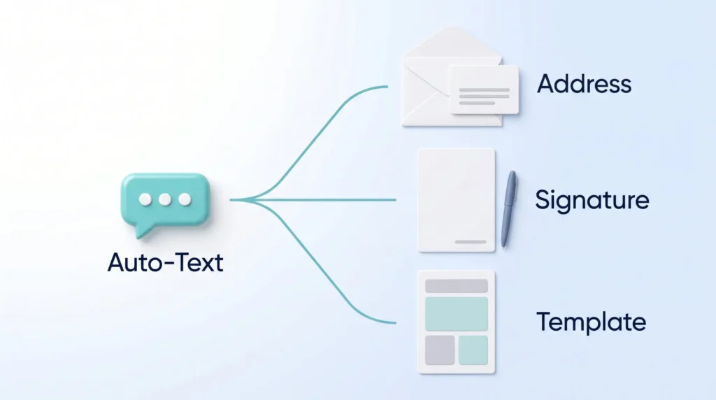Dragon Auto-Text: one short spoken trigger in a teal speech bubble branches out into a full address, a signature and a document template.