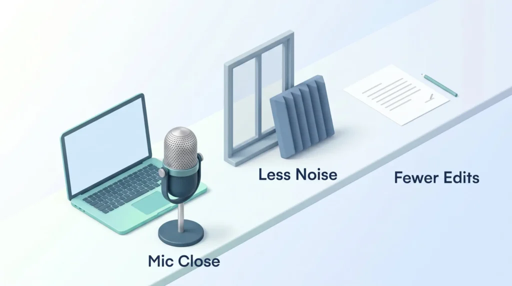 Microphone Setup for Fewer Edits A studio microphone close to a laptop, a closed window with an acoustic panel and a clean draft: better mic input and less noise mean fewer edits.