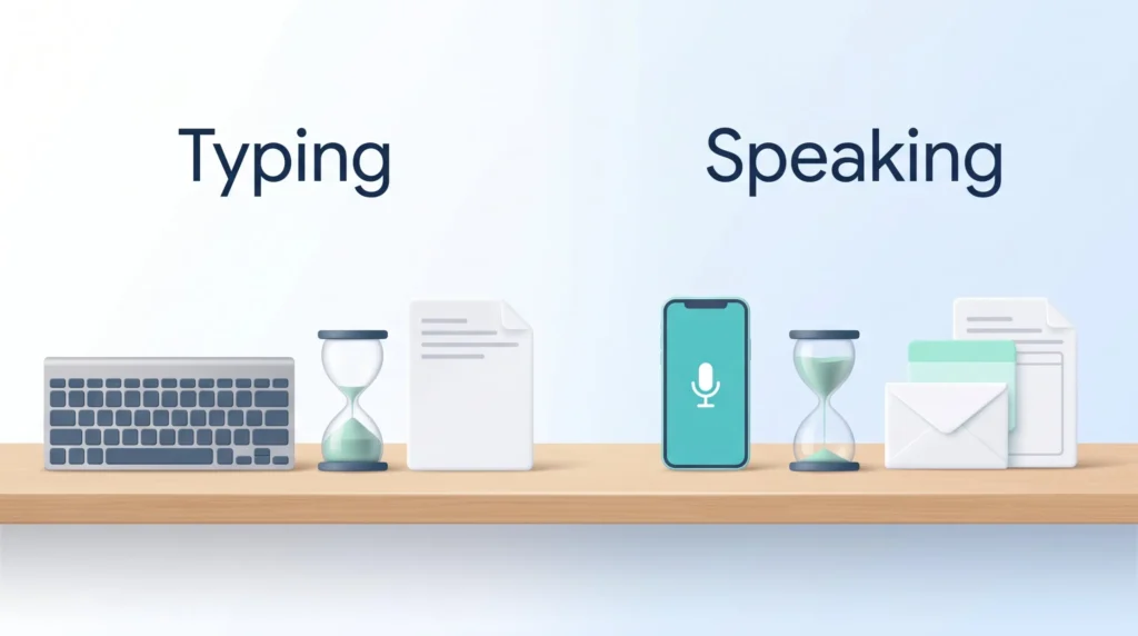 Voice Dictation Typing vs Speaking Voice dictation versus typing: typing nearly drains the hourglass for one half-done page, speaking finishes emails and notes with time to spare.