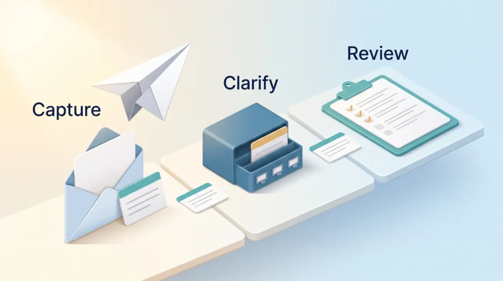 Capture Clarify Review Routine Daily routine for delegated task tracking: capture each request as you send it, clarify notes daily, then review the list weekly