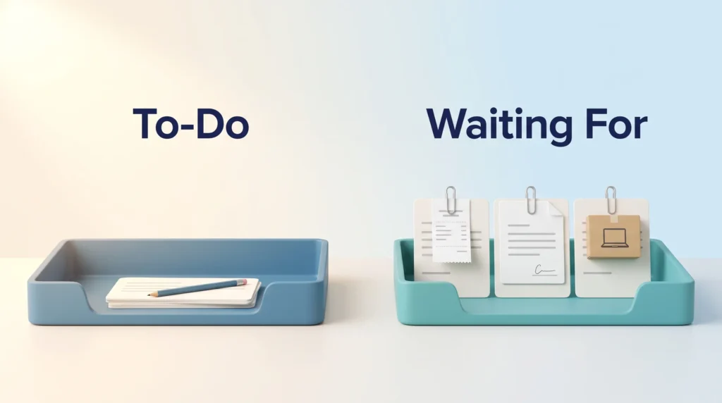 Waiting-For List Versus To-Do List Waiting-for list kept apart from the to-do list, holding an expense claim, a proposal awaiting signature and a laptop setup owed by others