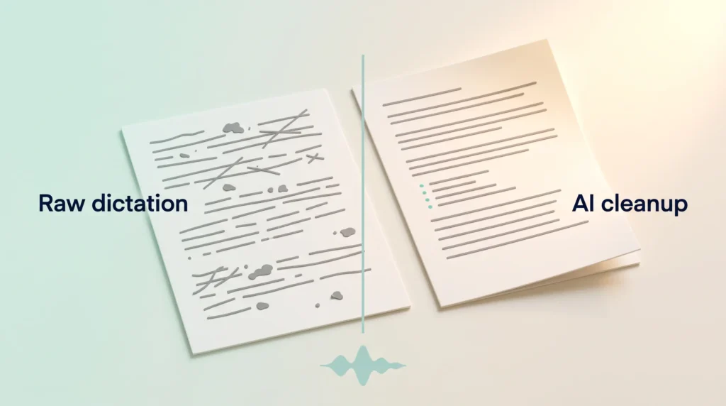 Wispr Flow AI Cleanup Comparison Wispr Flow review illustration: a raw dictation page full of struck-through lines next to a clean, formatted page after AI cleanup.
