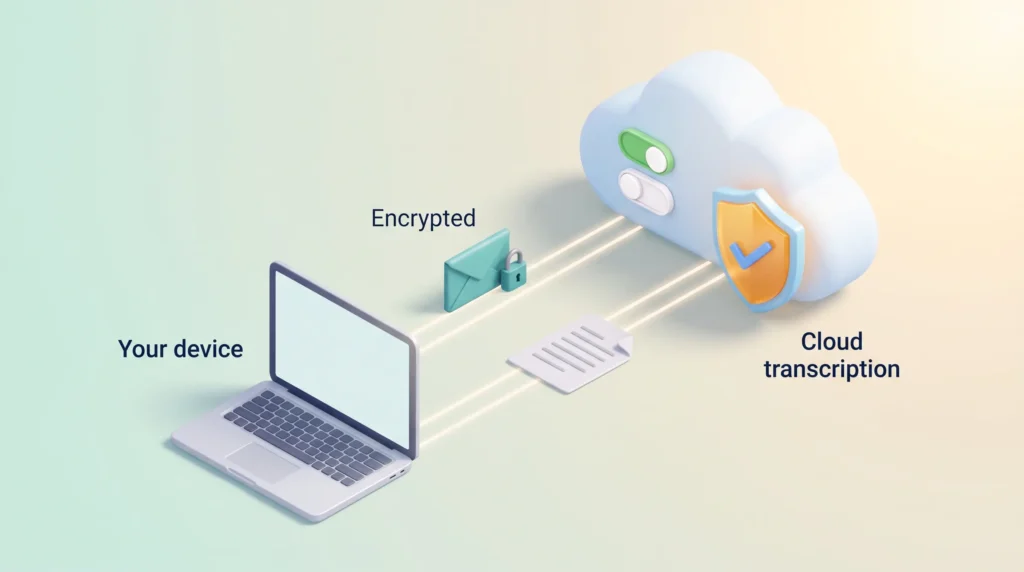 Wispr Flow Cloud Transcription Privacy Wispr Flow privacy: an encrypted envelope travels from your device to cloud transcription, while a clean text page moves back on a second path.