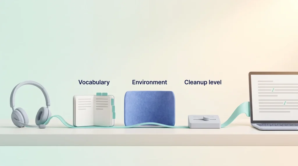 Dictation Accuracy Factors Speech from a headset passes vocabulary, environment and cleanup level stations before reaching a draft, showing what drives AI voice dictation app accuracy.