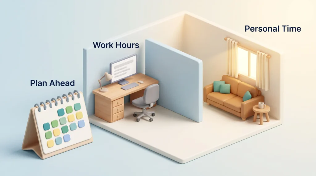 Work-life balance strategies in one room: a desk calendar for planning ahead, a home office for work hours and a partition wall protecting personal time.