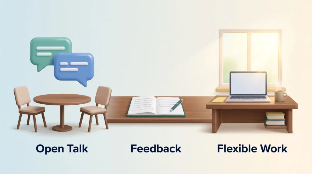 Path from an open talk with your employer over feedback to flexible work at a home desk, showing how communication leads to work-life balance solutions.
