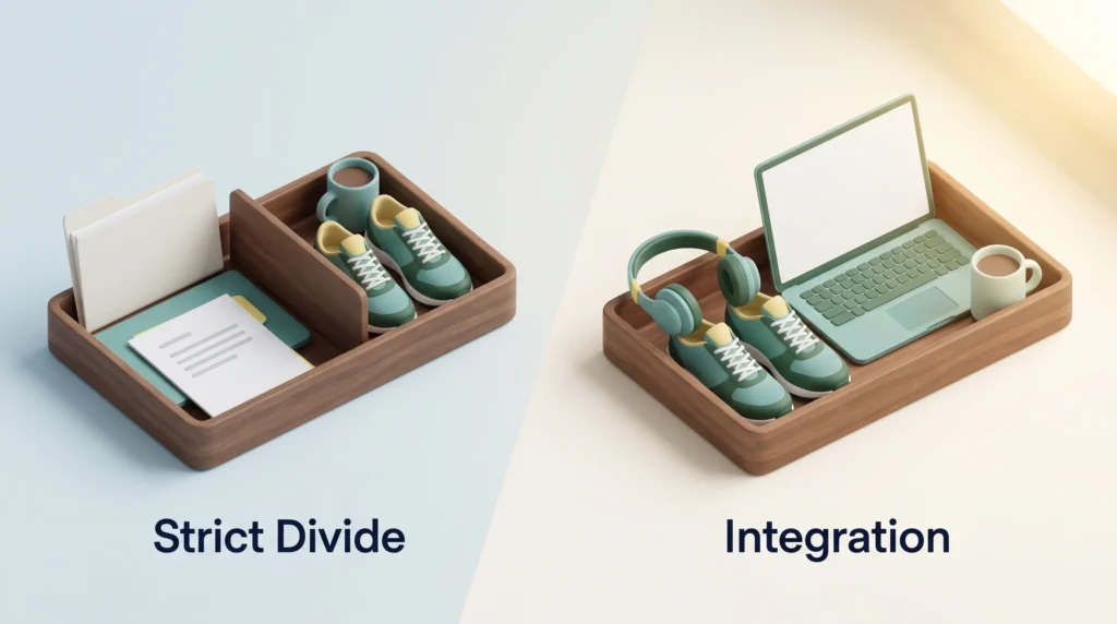 Work-life balance compared: a tray split by a divider keeps work and personal items apart, while an open tray shows integration with headphones on running shoes.