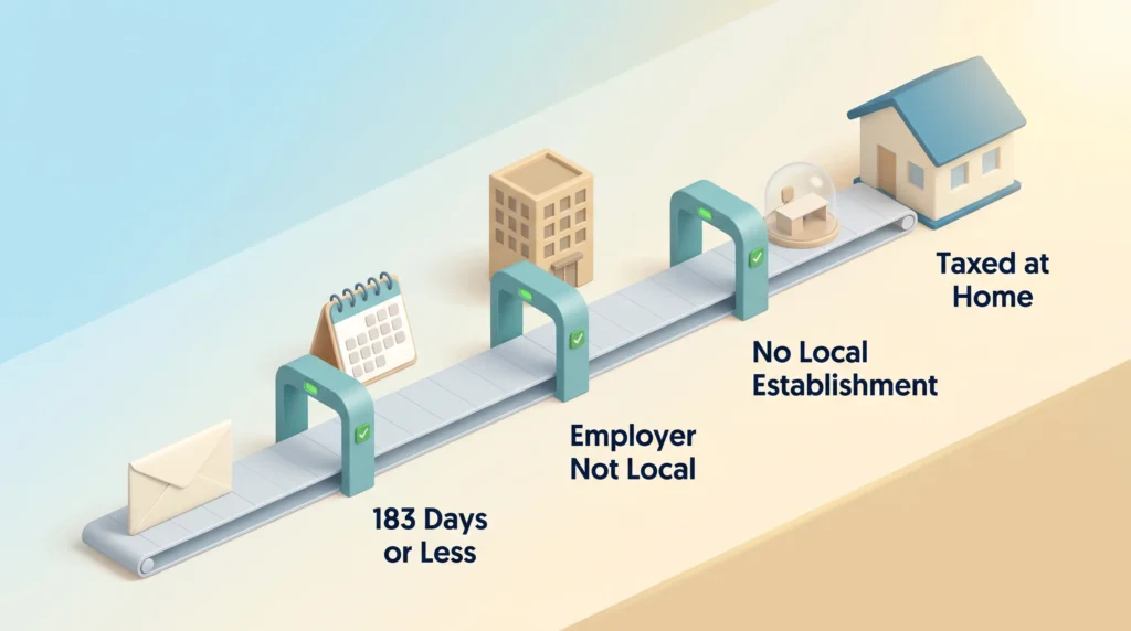 183 Day Rule Tax Conditions Salary envelope on a conveyor passing three checks for the 183 day rule, an employer not local and no local establishment before being taxed at home