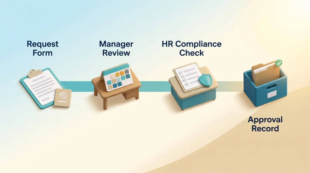 Workation Request and Approval Workflow Workation request path from a request form with passport to manager review and HR compliance check, ending in an approval record filed in a box
