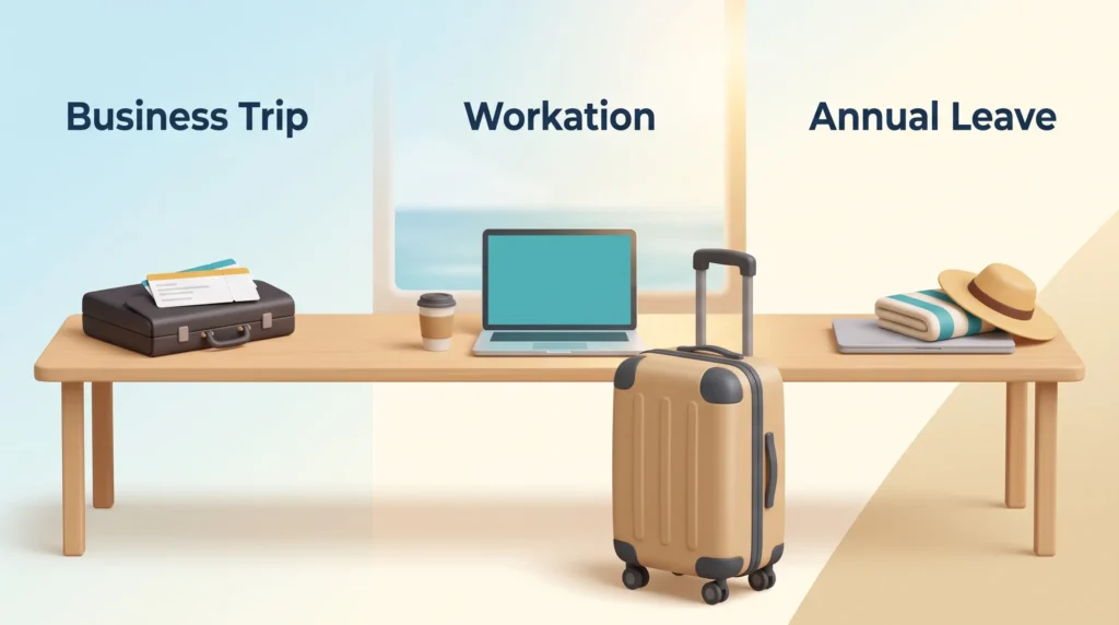 Workation vs Business Trip vs Annual Leave Workation policy comparison: a briefcase for a business trip, a laptop with a suitcase for a workation and a beach towel on a closed laptop for annual leave