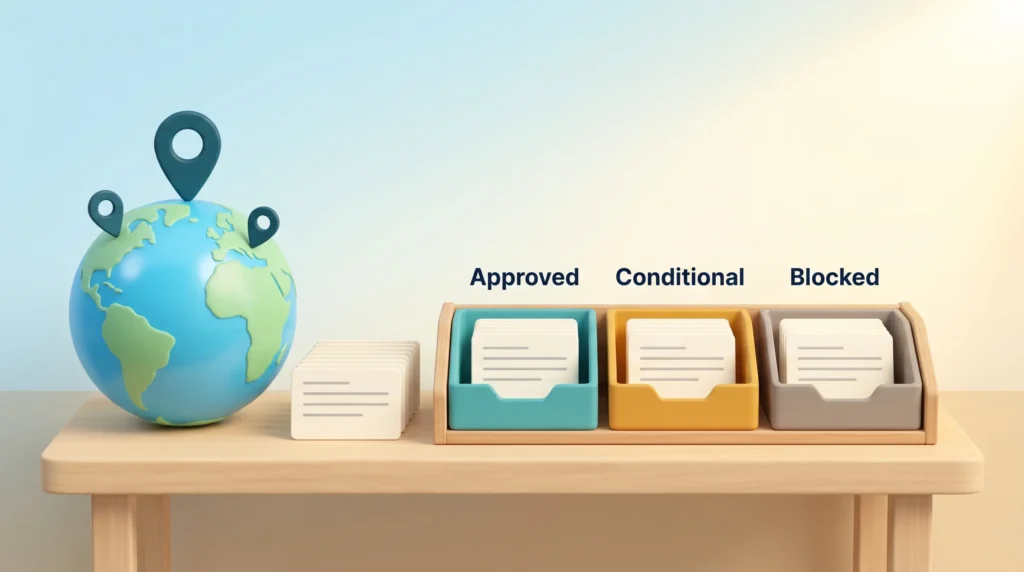 Workation Country Matrix Sorting Globe with location pins beside country cards sorted into approved, conditional and blocked trays, a country matrix for working abroad temporarily