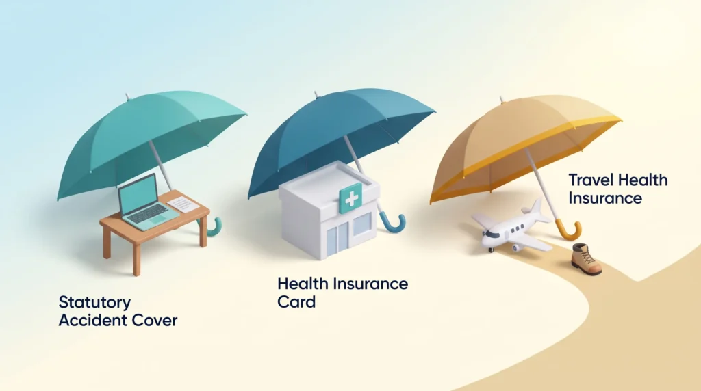 Workation Insurance Cover Gaps Three umbrellas for statutory accident cover over a desk, the health insurance card over a clinic and travel health insurance over a plane and a hiking boot