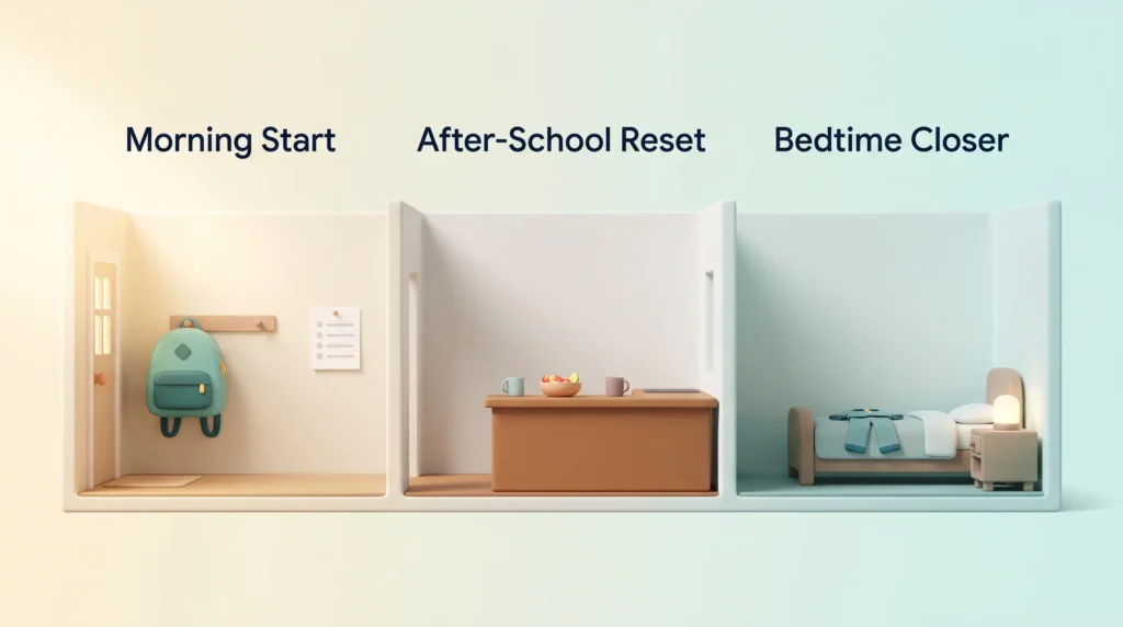 Three home rooms for working parents: a morning start entryway with a packed backpack, an after-school reset snack counter and a bedtime closer bed.