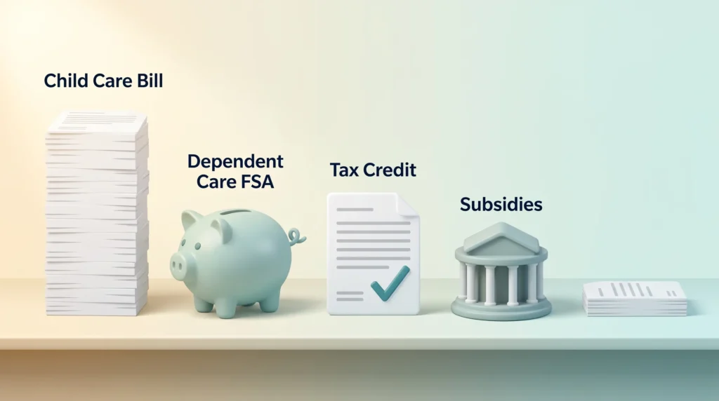 Child care costs shrink as a tall bill passes a piggy bank for the dependent care FSA, a tax credit form and state subsidies.