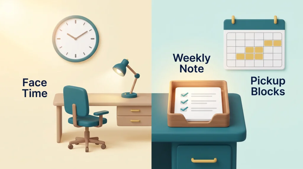 Face-time bias versus results: an empty lit desk under a clock beside a weekly note in an in-tray and pickup blocks in a shared calendar.